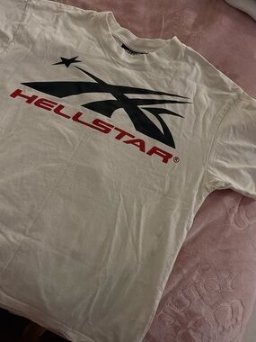 Hellstar White Short-Sleeve Graphic Tee with Black & Red Logo